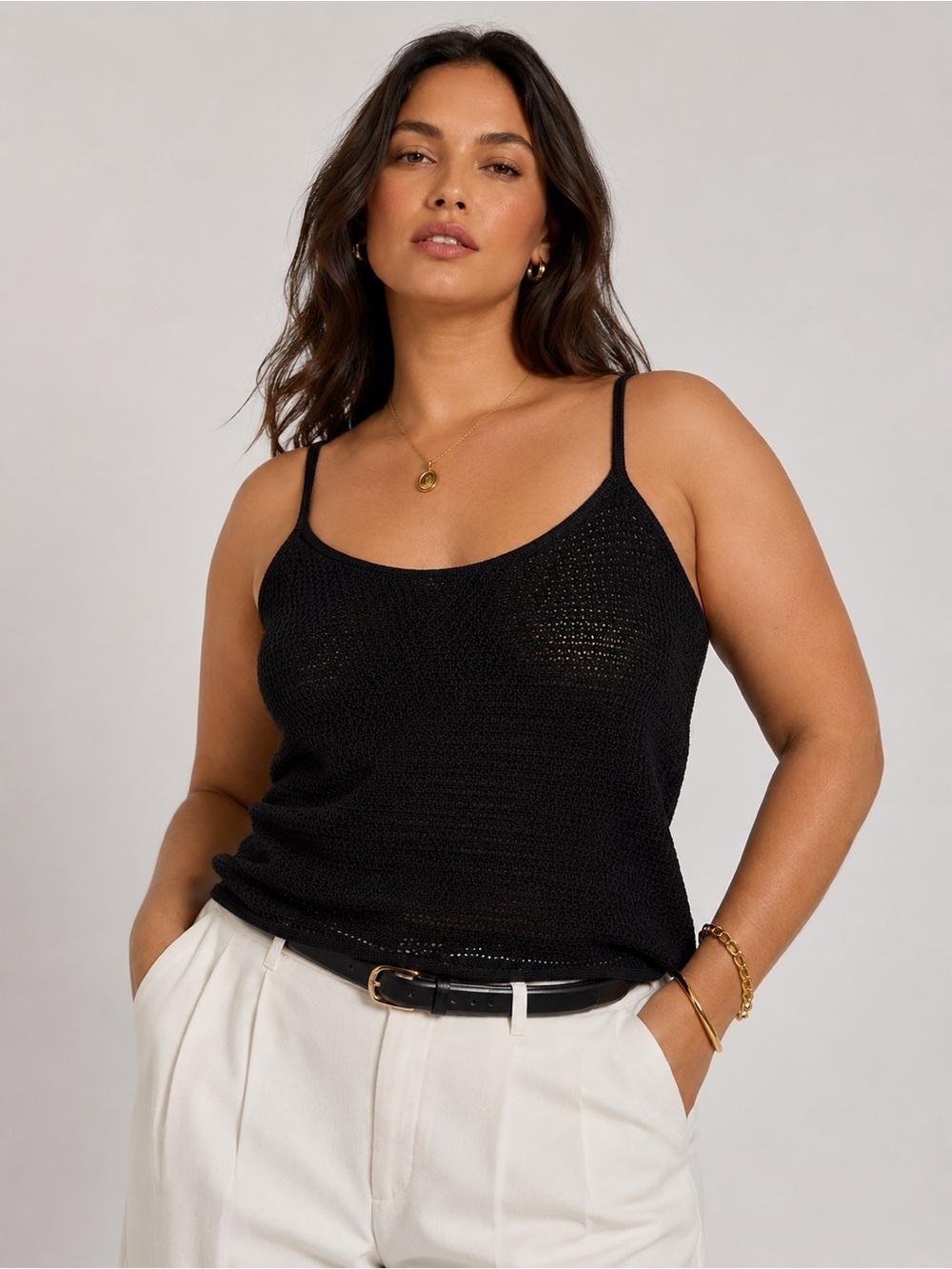 Lauren Ralph Lauren Black Crochet Knit Camisole Tank Top Large Black Label